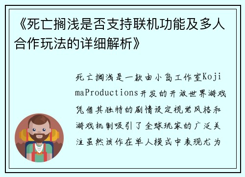 《死亡搁浅是否支持联机功能及多人合作玩法的详细解析》